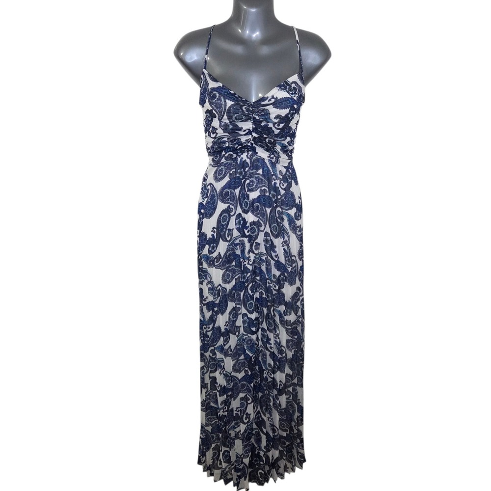 Express Blue White Paisley Print Pleated Maxi Dress Size L‎ Boho Resort Vacation